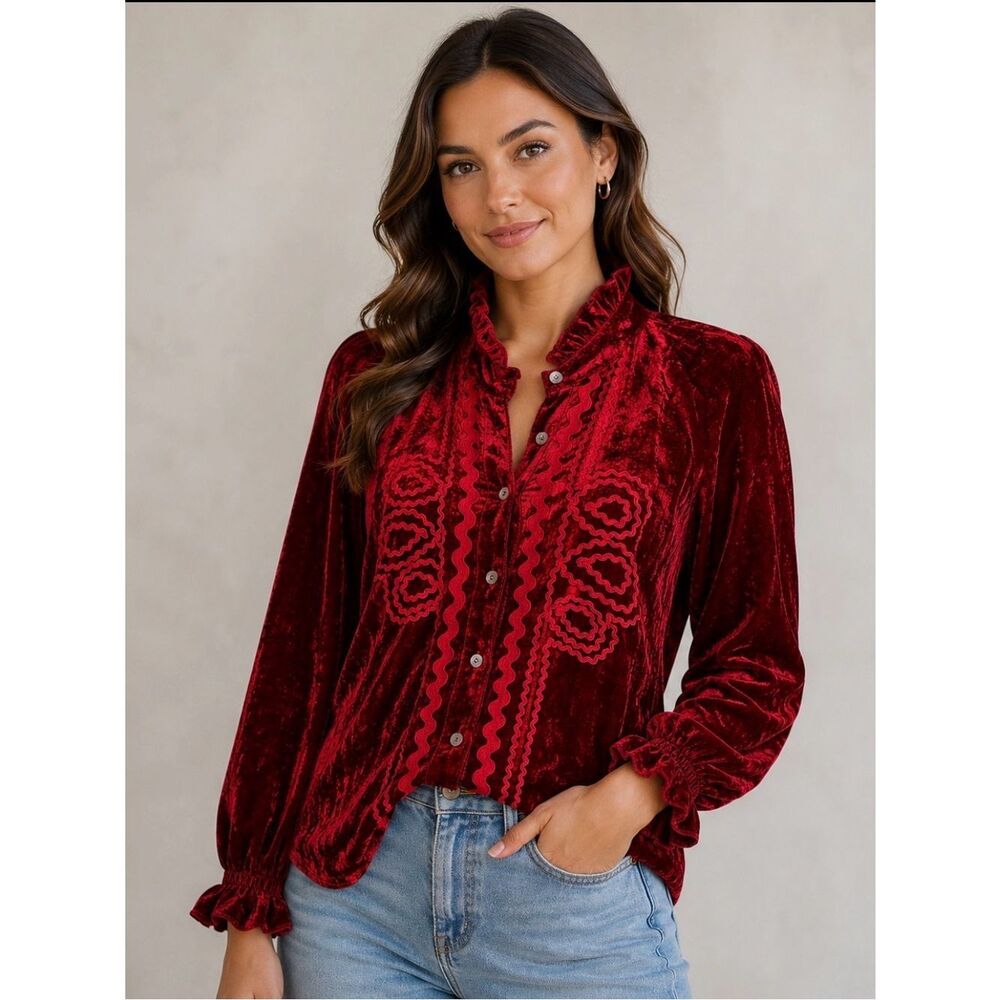 Sister Mary For Ivy Jane Red Velvet Long Sleeve Button-Up Women’s Blouse Sz S